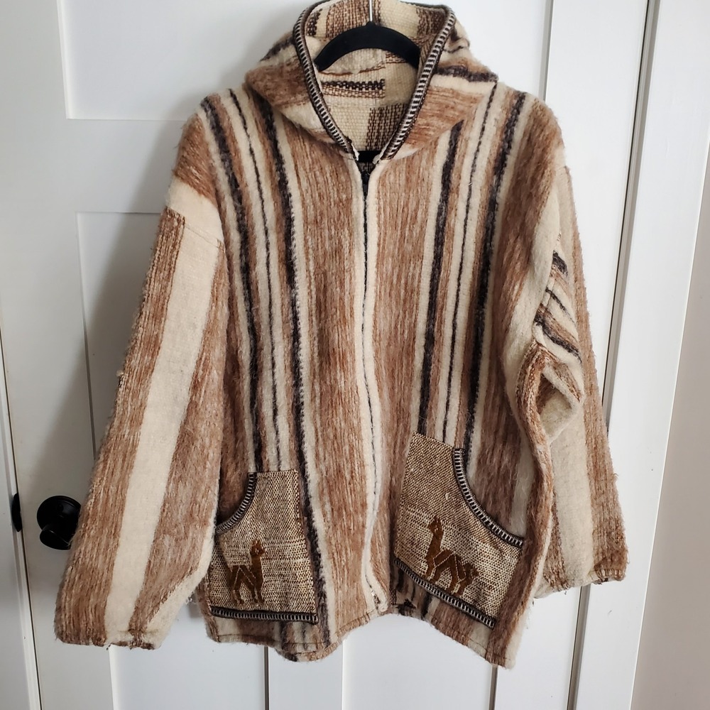 Vintage Alpaca Wool Zip Hoodie Western Knit Jacket Peru Unisex XXL 2X 70s Unique